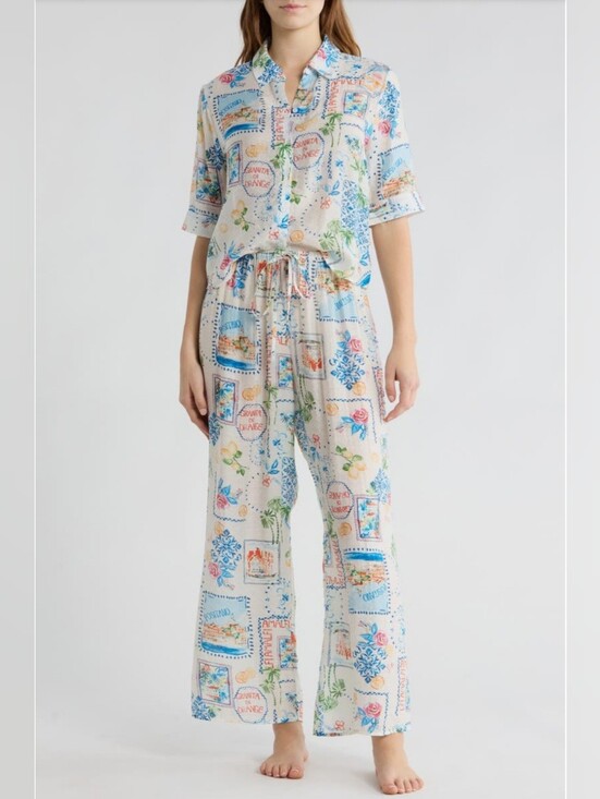 Abound Pants - Abound Swim Cover-up Lightweight Patterned Wide-Leg Lounge Shirt & Pant Set - L